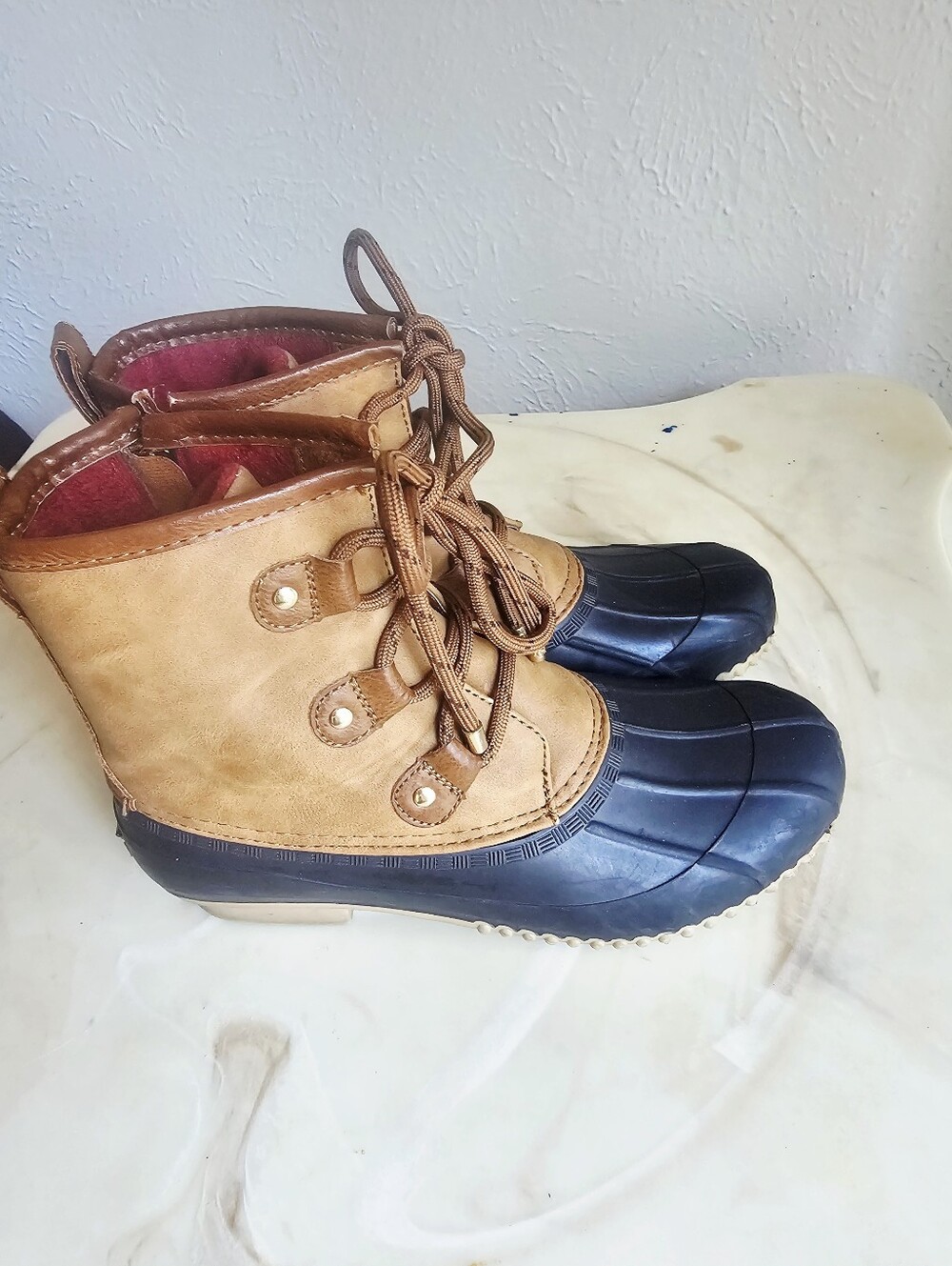 Tan and Black Waterproof Duck Boots - Lace-Up Winter Boots
